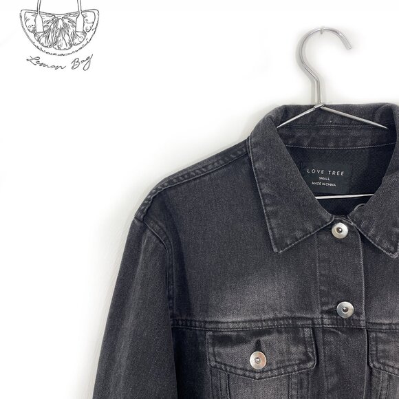 Love Tree / Jean Jacket Decor on the Back/ Black Grey / Size S - Picture 7 of 8